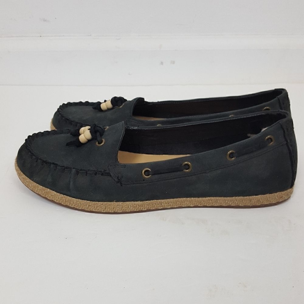 Ugg Logo Black Leather Casual Espadrille Deck Boat‎ - Picture 3 of 7